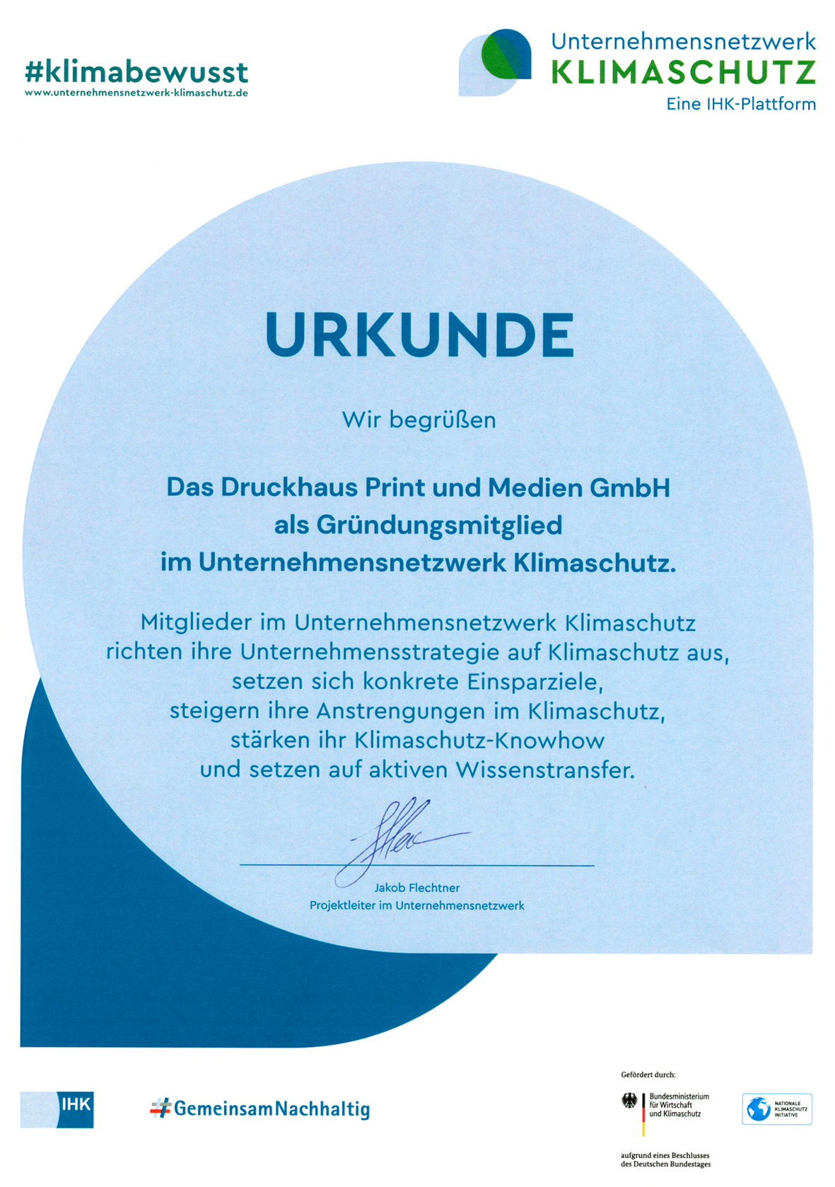 Urkunde Unternehmensnetzwerk Klimaschutz